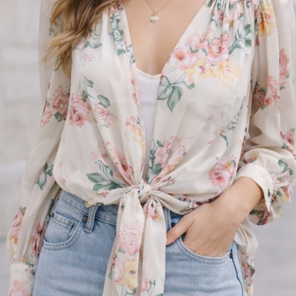 Buffalo Floral Tie-Front Blouse | Romantic Long Sleeve Top
